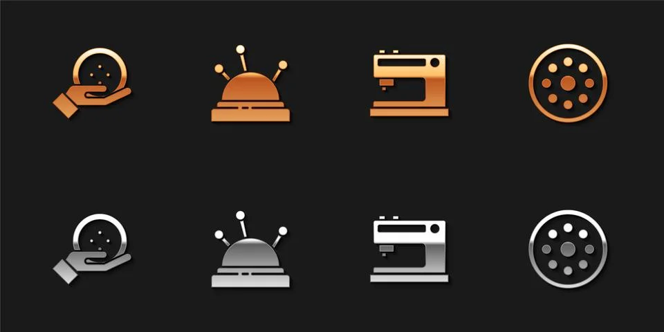 Set Sewing button, Needle bed and needles, machine and icon. Vector Illustrazione stock
