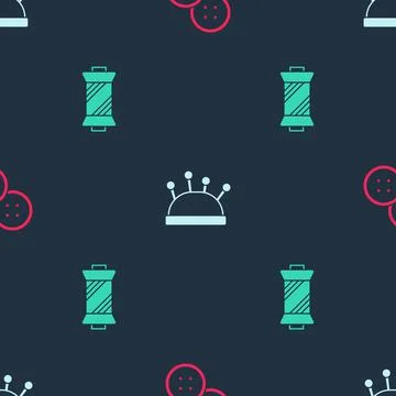 Set Sewing button, Needle bed and needles and thread spool on seamless pattern Illustrazione stock