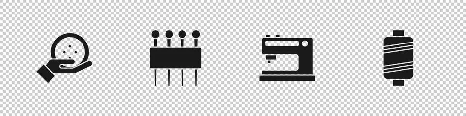 Set Sewing button, Needle for sewing, machine and thread icon. Vector Stock Illustration