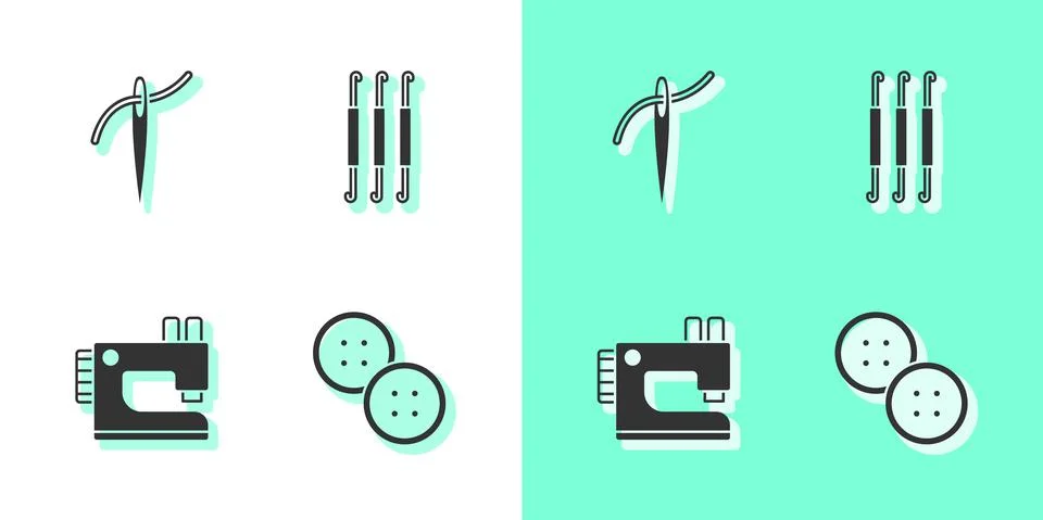 Set Sewing button, Needle with thread, machine and Crochet hook icon. Vector Illustrazione stock