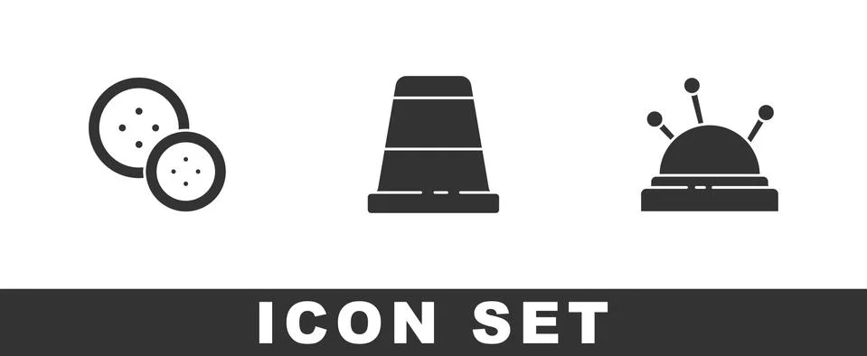 Set Sewing button, Thimble for sewing and Needle bed and needles icon. Vector Stock Illustration
