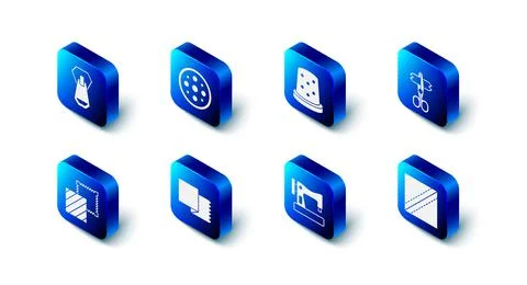 Set Sewing button, Thimble for sewing, Scissors, Textile fabric roll, machine Stock Illustration