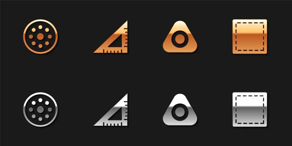 Set Sewing button, Triangular ruler, chalk and Pattern icon. Vector Illustrazione stock