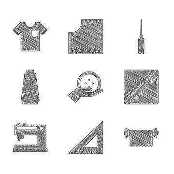 Set Sewing button, Triangular ruler, Textile fabric roll, Pattern, machine Stock Illustration