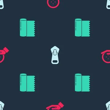 Set Sewing button, Zipper and Textile fabric roll on seamless pattern. Vector Illustrazione stock