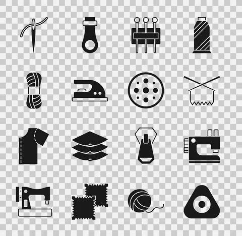 Set Sewing chalk, machine, Knitting needles, Needle for sewing, Electric iron Stock Illustration