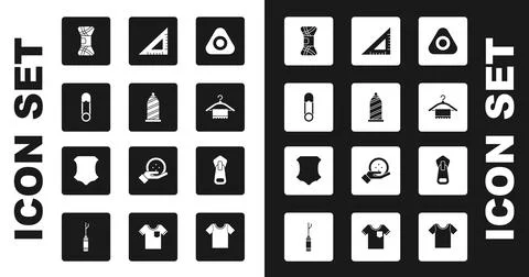 Set Sewing chalk, thread, Safety pin, Yarn, Hanger wardrobe, Triangular ruler Stock Illustration