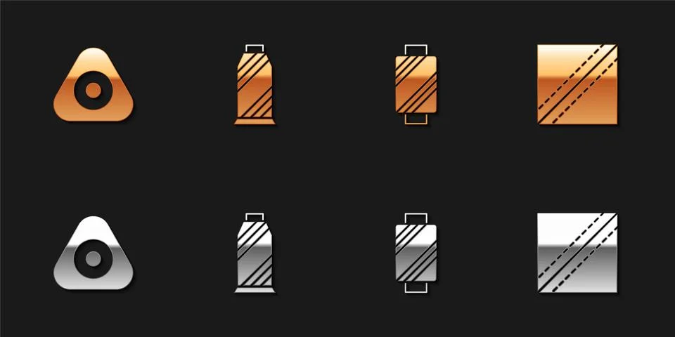 Set Sewing chalk, thread on spool,  and Textile fabric roll icon. Vector Stock Illustration