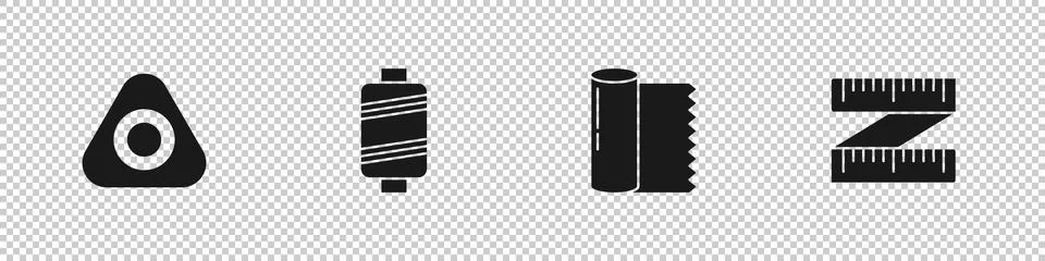 Set Sewing chalk, thread, Textile fabric roll and Tape measure icon. Vector 스톡 일러스트