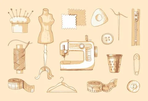 Set of sewing equipment. Hand drawn vector illustration. Stock Illustration