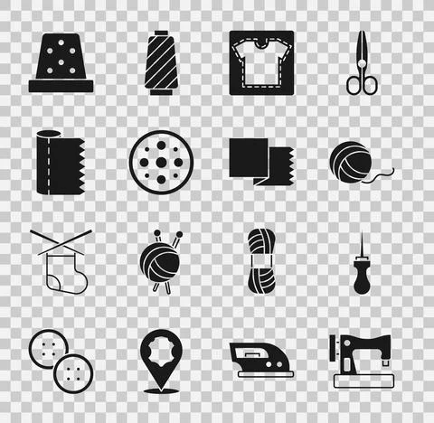 Set Sewing machine, Awl tool, Yarn ball, pattern, button, Textile fabric roll Stock Illustration