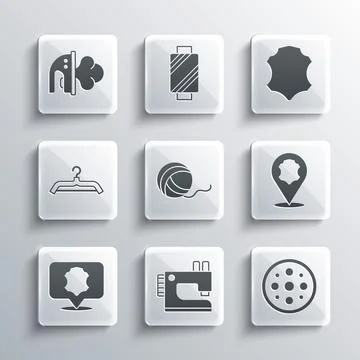 Set Sewing machine, button, Leather, Yarn ball, Hanger wardrobe, Electric iron Stock Illustration