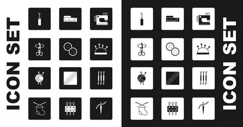 Set Sewing machine, button, Scissors, Awl tool, Needle bed and needles, Tape Stock Illustration