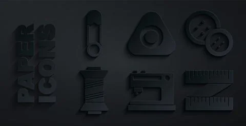 Set Sewing machine, button, thread, Tape measure, chalk and Safety pin icon Stock Illustration