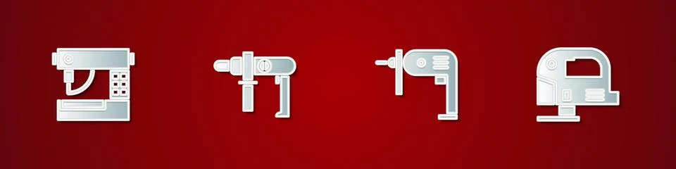 Set Sewing machine, Electric drill, and jigsaw icon. Vector Stock Illustration