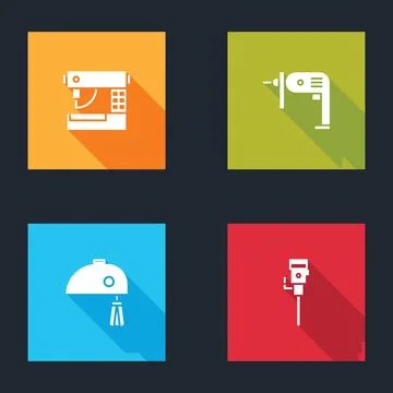 Set Sewing machine, Electric drill, mixer and Construction jackhammer icon Illustrazione stock