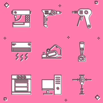 Set Sewing machine, Electric drill, hot glue gun, Air conditioner, planer tool Illustrazione stock