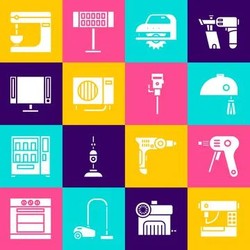 Set Sewing machine, Electric hot glue gun, mixer, circular saw, Air conditioner Illustrazione stock