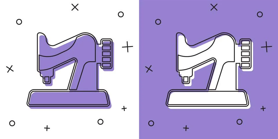 Set Sewing machine icon isolated on white and purple background. Vector Illustrazione stock