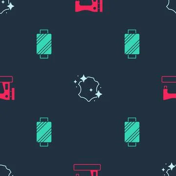 Set Sewing machine, Leather and thread on spool on seamless pattern. Vector Stock Illustration