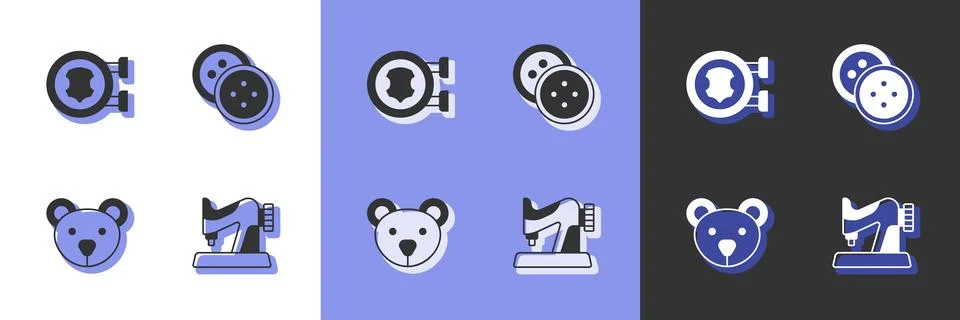 Set Sewing machine, Leather, Teddy bear plush toy and button for clothes icon Stock Illustration