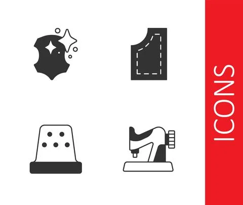 Set Sewing machine, Leather, Thimble for sewing and pattern icon. Vector Illustrazione stock