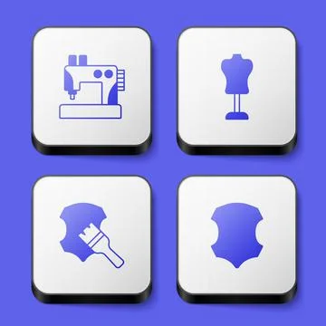 Set Sewing machine, Mannequin, Leather and icon. White square button. Vector Stock Illustration