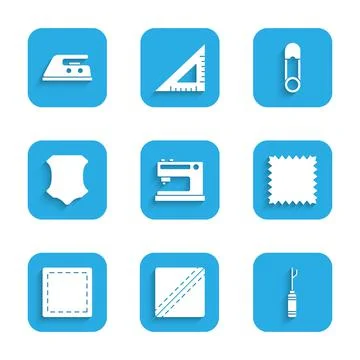 Set Sewing machine, Pattern, Awl tool, Leather, Safety pin and Electric iron Illustrazione stock