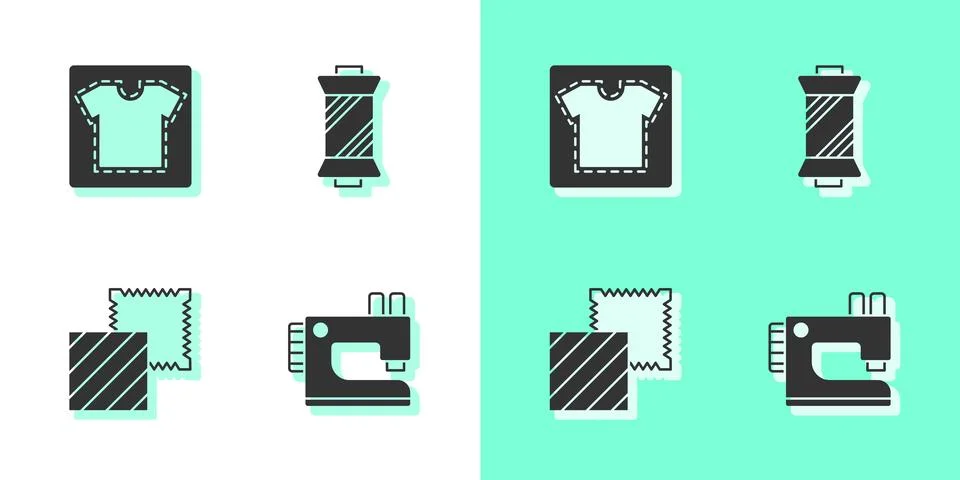 Set Sewing machine, pattern, Textile fabric roll and thread on spool icon Stock Illustration