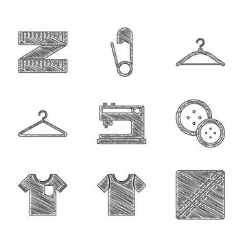 Set Sewing machine, T-shirt, Pattern, button, Hanger wardrobe, and Tape measure Stock Illustration