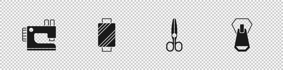 Set Sewing machine, thread on spool, Scissors and Zipper icon. Vector Stock Illustration
