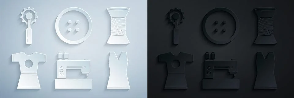 Set Sewing machine, thread on spool, Woman dress, button for clothes and Cutter Stock Illustration