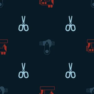 Set Sewing machine, Zipper and Scissors on seamless pattern. Vector Illustrazione stock