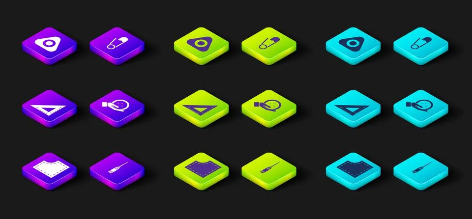 Set Sewing Pattern, Awl tool, Triangular ruler, button, Safety pin and chalk  Illustrazione stock