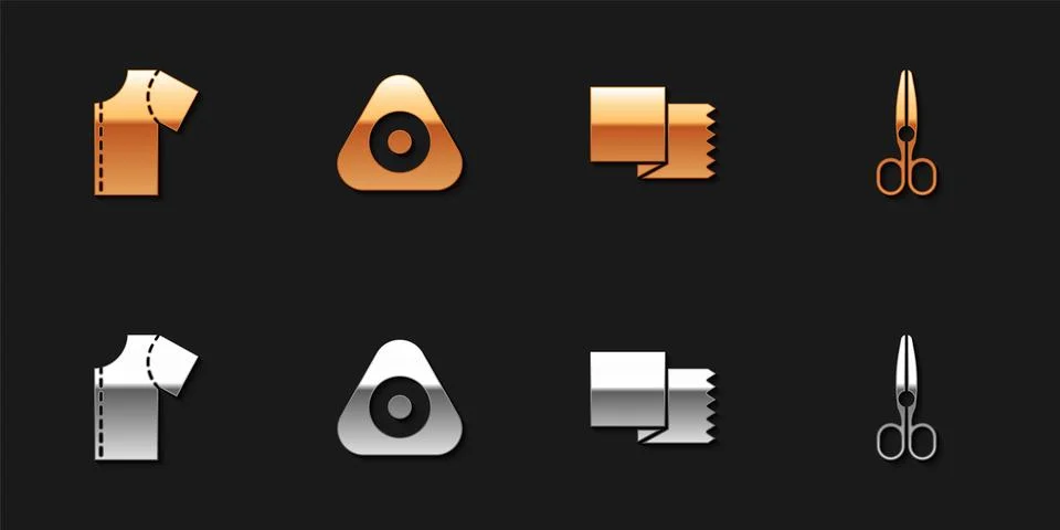 Set Sewing pattern, chalk, Textile fabric roll and Scissors icon. Vector Stock Illustration