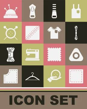 Set Sewing Pattern, chalk, Yarn, Zipper, button and knitting needles, Needle bed Stock Illustration