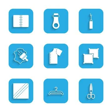 Set Sewing pattern, Hanger wardrobe, Scissors, Textile fabric roll, Leather,  Stock Illustration