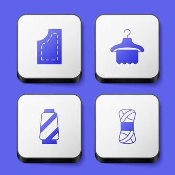 Set Sewing pattern, Hanger wardrobe, thread on spool and Yarn icon. White square Stock Illustration