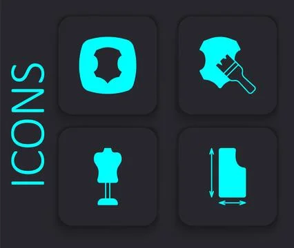 Set Sewing pattern, Leather, and Mannequin icon. Black square button. Vector Illustrazione stock