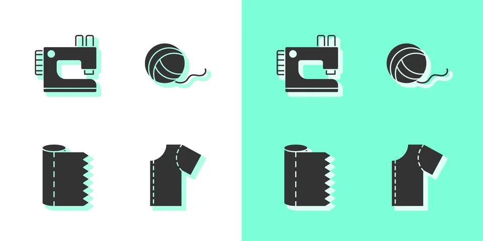 Set Sewing pattern, machine, Textile fabric roll and Yarn ball icon. Vector Stock Illustration