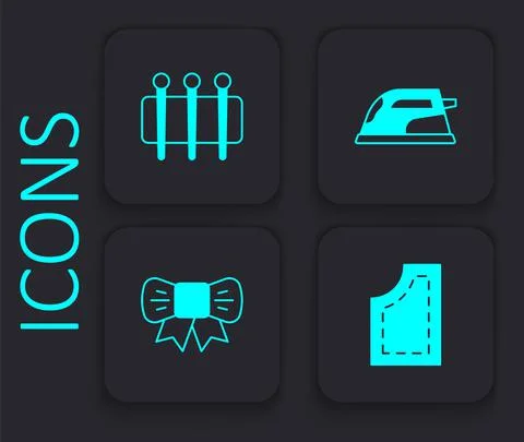 Set Sewing pattern, Needle for sewing, Electric iron and Gift bow icon. Black Stock Illustration