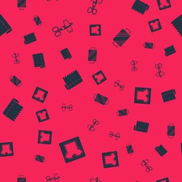 Set Sewing pattern, Scissors, Textile fabric roll and thread on spool on Illustrazione stock