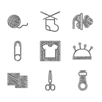 Set Sewing pattern, Scissors, Zipper, Needle bed and needles, Textile fabric Stockillustratie