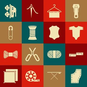 Set Sewing Pattern, Tape measure, Baby clothes, Hanger wardrobe, thread on spool Stockillustratie