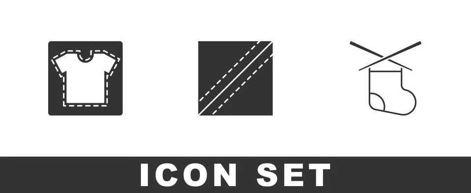Set Sewing pattern, Textile fabric roll and Knitting needles icon. Vector Stock Illustration
