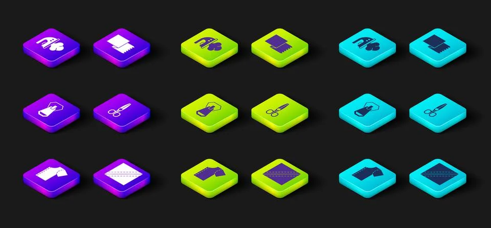 Set Sewing pattern, Textile fabric roll, Zipper, Scissors, and Electric iron 스톡 일러스트