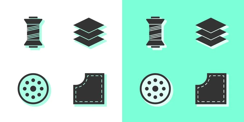 Set Sewing Pattern, thread, button and Layers clothing textile icon. Vector Illustrazione stock