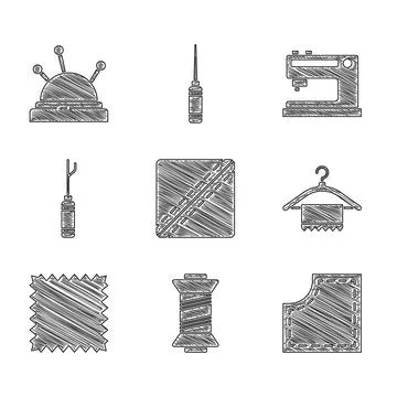 Set Sewing Pattern, thread, Hanger wardrobe, Leather, Awl tool, machine and N Stockillustratie