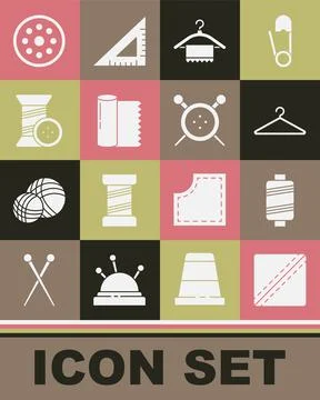Set Sewing Pattern, thread, Hanger wardrobe, Textile fabric roll, and button Illustrazione stock