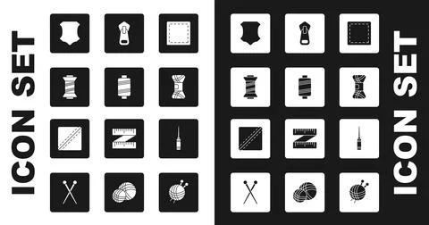Set Sewing Pattern, thread, Leather, Yarn, Zipper, Awl tool and  icon. Vector Illustrazione stock